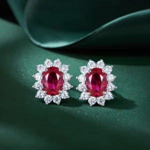 Vintage Oval Cut Ruby Sunburst Halo Stud Earrings
