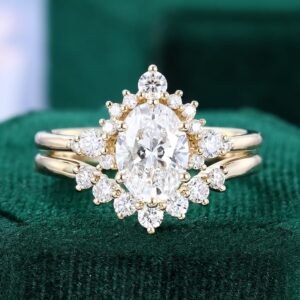 1.5CT Oval Cut Lab Diamond Bridal Ring Cluster Wedding Ring Set