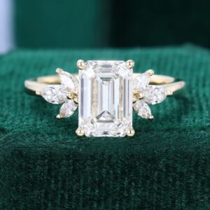 Emerald Cut Lab Diamond Engagement Ring Marquise Accented Bridal Ring