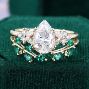 Pear Shaped Lab Diamond Bridal Ring Set Emerald Leaf Ring Set
