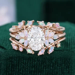 1.5CT Oval Cut Lab Diamond Petal Bridal Ring Set Marquise Opal Accented
