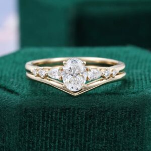 Oval Cut Lab Diamond Engagement Ring Set Minimalist Bridal Set