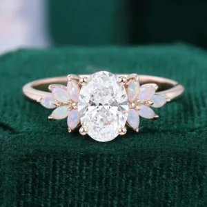 1.5CT Oval Cut Lab Diamond Engagement Ring with Opal Petal Cluster