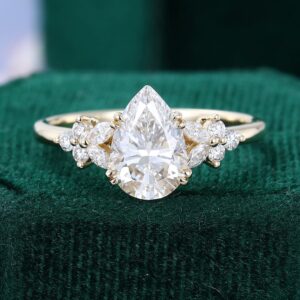 Pear Cut Lab Diamond Engagement Ring Cluster Bridal Ring